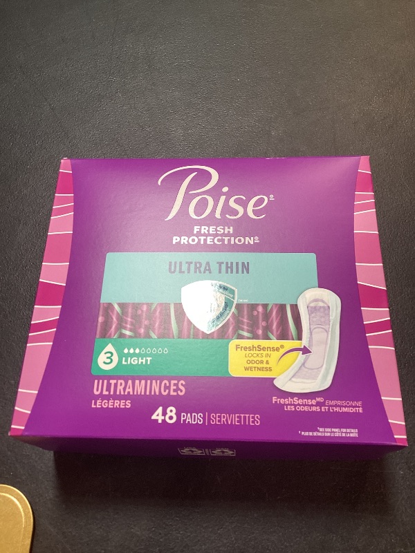 Photo 1 of Poise Ultra Thin Incontinence Pads & Postpartum Pads for Bladder Leaks, 3 Drop Light Absorbency, Regular Length, 144 Count, Packaging May Vary