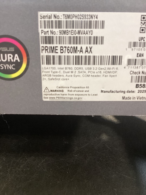 Photo 1 of ASUS Prime B760M-A AX LGA 1700(Intel® 12th&13th Gen) microATX Motherboard (PCIe® 4.0, 2xM.2 Slots, DDR5,Realtek 2.5 Gb LAN,WiFi 6, DP,Rear USB 3.2 Gen 2, Front USB 3.2 Gen 1 Type-C®)