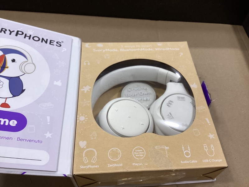 Photo 1 of STORYPHONES, Storytelling Foldable Bluetooth Kids Headphones-Intro Bundle with ZenDisk and PlayShield, Perfect for Travel, Learning, Screen-Free Entertainment, Stories and Music by Onanoff (White)