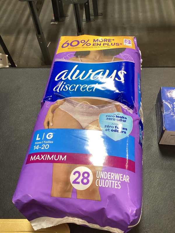 Photo 1 of Always Discreet Adult Incontinence Underwear for Women and Postpartum Underwear, Large, Up to 100% Bladder Leak Protection, 28 Count