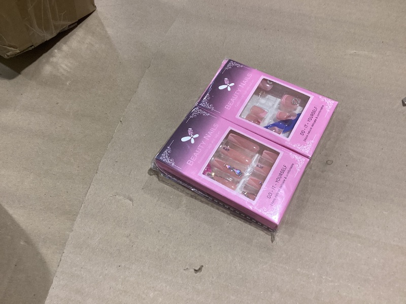 Photo 1 of 48Pcs Square Press on Nails Long & Press on Toenails Set, Pink French Tip Fake Nails Rhinestone Designs Pink Press on Toenails Full Cover Acrylic Glue on Nails for Women Manicure Kit