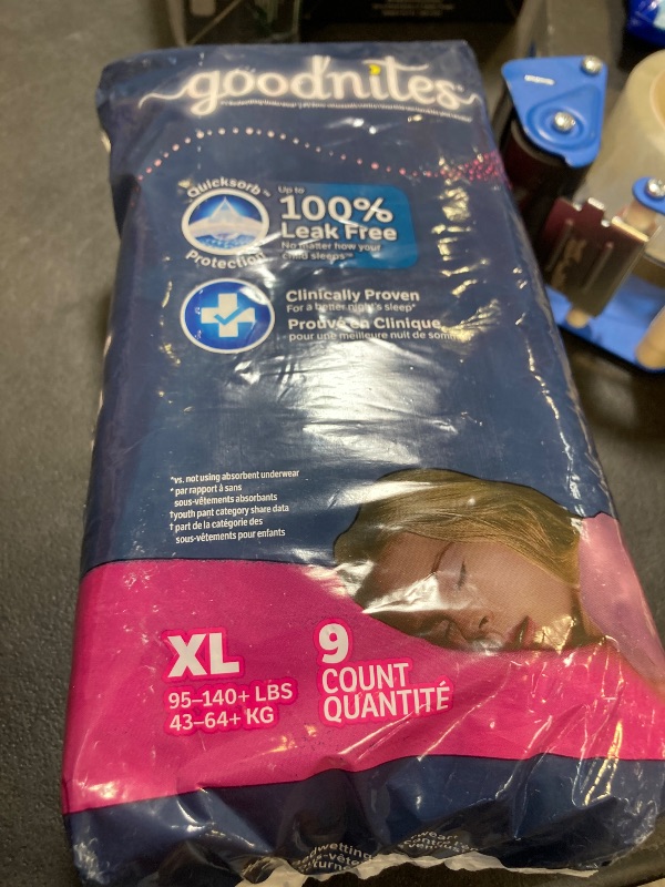 Photo 1 of Goodnites Girls' Nighttime Bedwetting Underwear, Size Extra Large (95-120 lbs), 9 Ct, Packaging May Vary