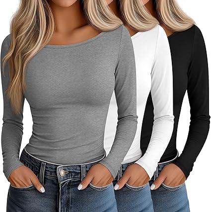 Photo 1 of Neer 3 Pack Women's Tight Long Sleeve Shirts, Slim Fitted Boat Neck Tees Going Out Basic Trendy Y2k Tops S