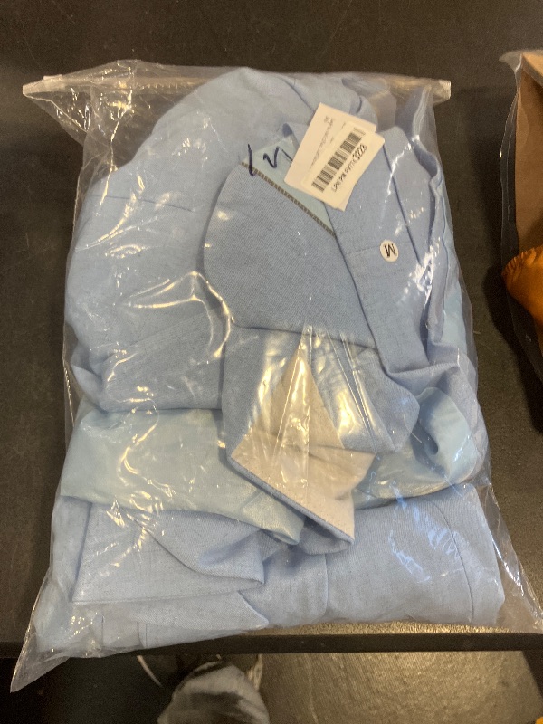 Photo 1 of Linen Men Suit Slim Fit 2 Piece Summer Beach Wedding Suits Light Blue Casual Suit Blazer Pants Set for Groomsmen M