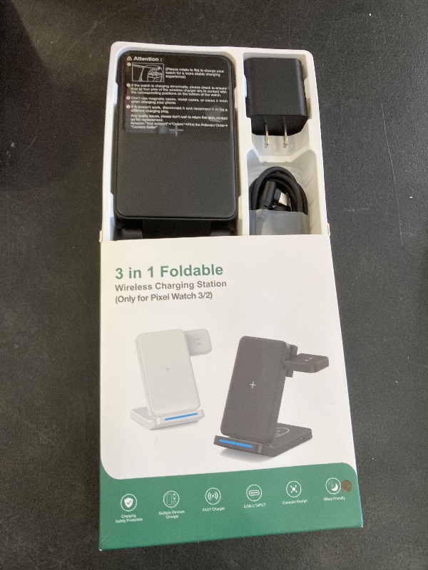 Photo 1 of 3 in 1 Foldable Wireless Charger for Google Pixel Watch 3/2(Not for Pixel Watch 4/1), Fast Charging Station Stand for Pixel 10 Pro XL/9/8/7 Pro/9a/8a/6 Pro and Buds with QC Adapter for Travel, Black