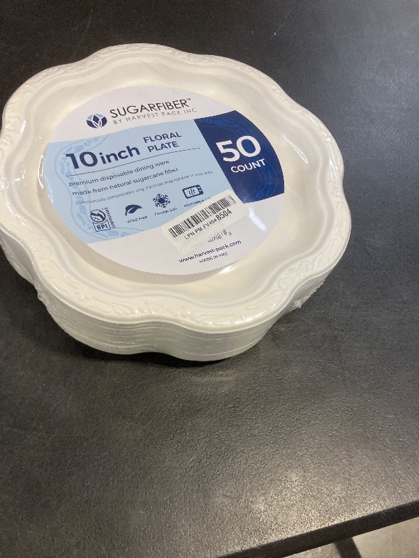 Photo 1 of [50 COUNT]10-inch Compostable PFAS Free Floral Paper Plates, White Floral Acanthus Collection Natural Sugarcane Disposable Bagasse Eco Friendly Wedding Dinner Plates Elegant, New Version