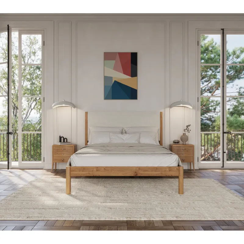 Photo 1 of ben queen solid wood bed frame with cream boucle upholstered headboard
