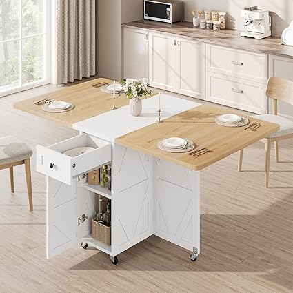 Photo 1 of Space Saving Folding Dining Table for 2-4, Farmhouse Foldable Dining Table with Drawer and Storage Shelf, 6 Wheels Drop Leaf Kitchen Dining Room Table for Small Space (Natural, 47.2" x 23.6" x 29.9")
