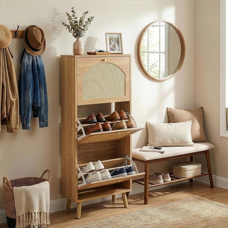 Photo 1 of Karl home Shoe Rack Storage Organizer, Rattan-Panel 3-Tilt-Out Shoe Storage Cabinet, Hidden Shoe Storage for Entryway,Ideal for Heels,Slippers,Casual Shoes,Natural Wood Finish
