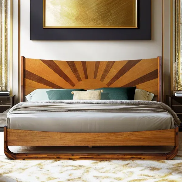 Photo 1 of Sunset Solid Wood Bed Frame Solid Wood Bed Frame with Artistic Patterned Headboard, Mid-Century Art Deco Design K
