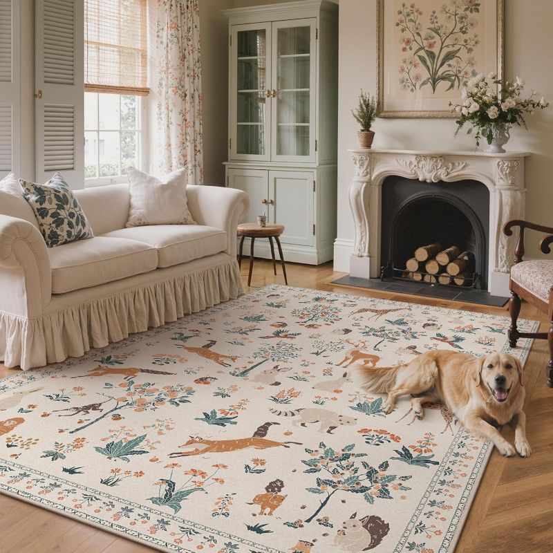 Photo 1 of BESBLEE 8x10 Animal Print Nursery Playroom Rug Machine Washable Floral Low Pile Carpet, Non-Slip Non-Shedding Pet Friendly Rug for Living Room Playroom Nursery Bedroom Dining Room, Beige