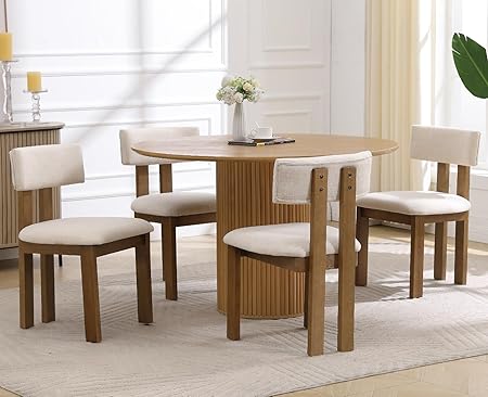 Photo 1 of chairus Linen Dining Chairs Set of 4 Modern Farmhouse Kitchen Chairs with Open Slat Back Upholstered Wood Side Chairs for Dining Room, Restaurant, Living Room, Beige
