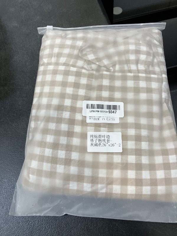 Photo 1 of KKJIAF Ruffle Gingham Pillow Covers 26 x 26 Inches, Cotton Plaid Throw Pillow Shams Set of 2, Linen Feel Ruffled Plaid Pillow Cases with Envelope Closure for Sofa Bed (Taupe/White Plaid)