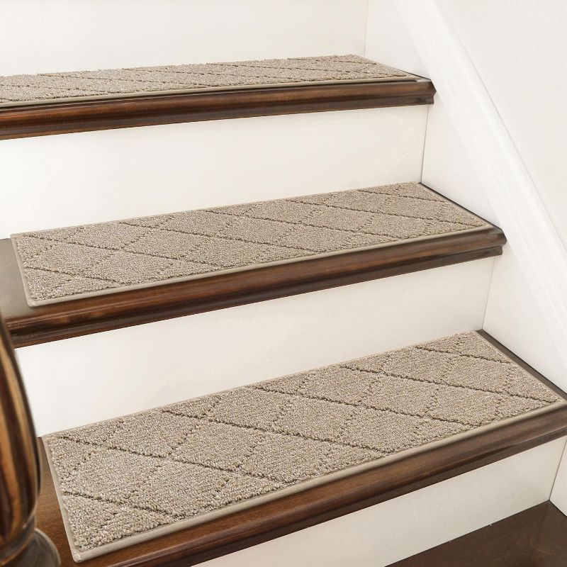 Photo 1 of COSY HOMEER Edging Stair Treads Non-Slip Carpet Mat 28inX9in Indoor Stair Runners for Wooden Steps, Edging Stair Rugs for Kids and Dogs, 100% Polyester TPE Backing (15pc, Beige)