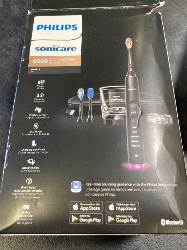 Photo 1 of Philips Sonicare DiamondClean Smart 9500 Electric Toothbrush, Sonic Toothbrush with App, Pressure Sensor, Brush Head Detection, 5 Brushing Modes and 3 Intensity Levels, Black, Model HX9923/11