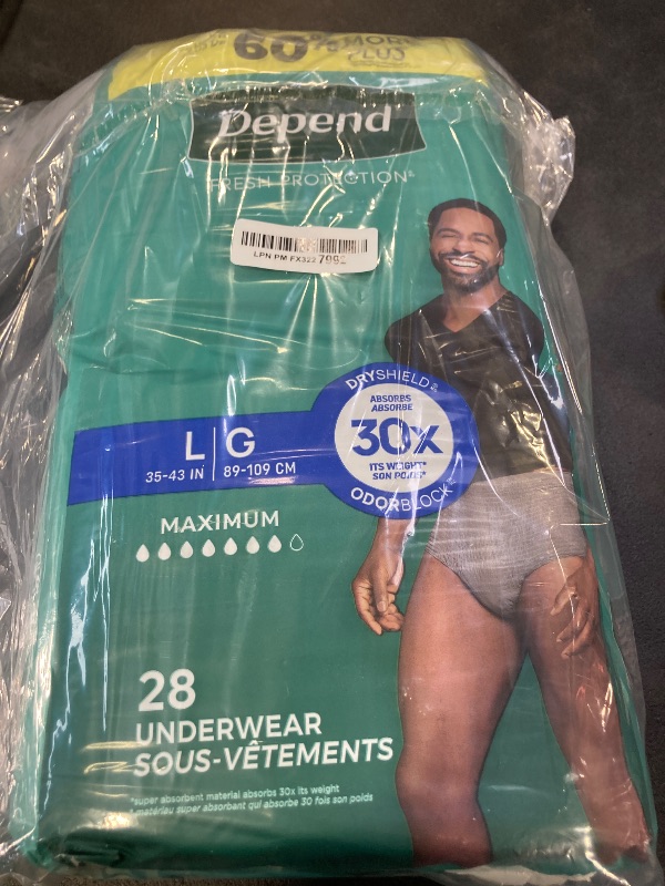 Photo 1 of Depend Fresh Protection Adult Diapers, Incontinence Underwear for Men, Disposable, Maximum, Large, Grey, 28 Count, Packaging May Vary
