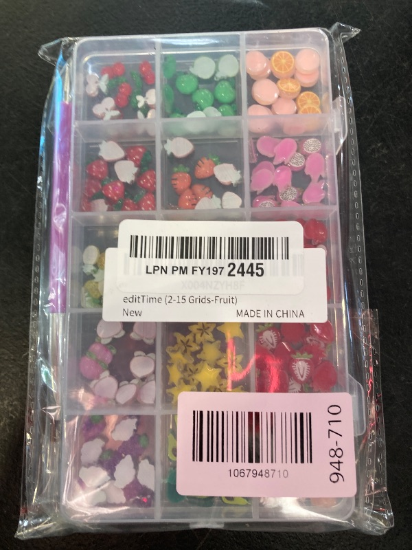 Photo 1 of 220Pcs 3D Cartoon Fruit Nail Art Charms,15 Grids Mixed Assorted Cherry Strawberry Pineapple Peach Grape Apple Carrot Lemon Avocado Orange Pitaya Star Fruit Nail Supplies with Pickup Tool (Fruit)