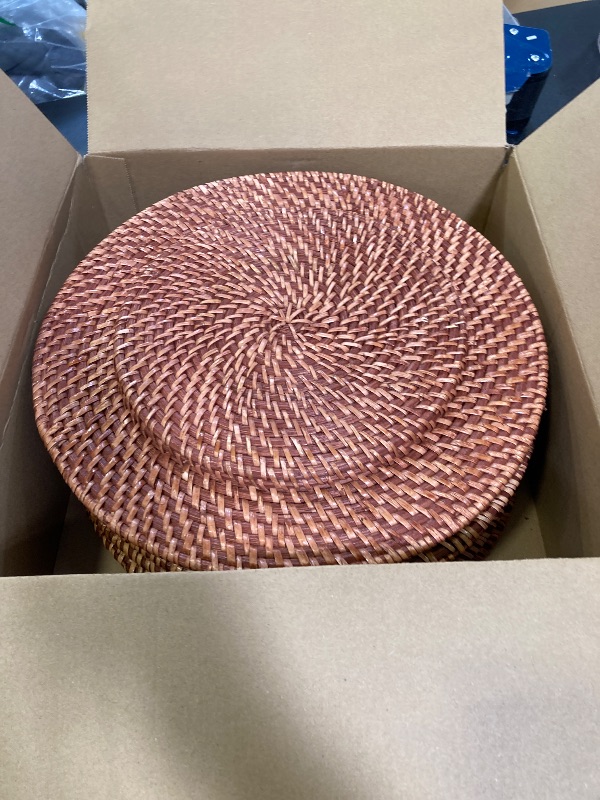 Photo 1 of Gandeer 6 Pack Rattan Charger Plates 13 Inch Rattan Chargers for Dinner Plates Table Chargers for Dinner Plate Woven Rustic Decorative Plate for Wedding Decor, Boho (Dark Brown,Classic)