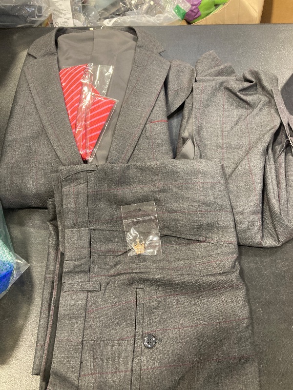Photo 1 of  Men's 3 Piece Suit Set with Tie, 2 Button Slim Fit  Blazer Jacket Vest Pants, Business Wedding Party Suits for Men,  Grey - Red Plaid