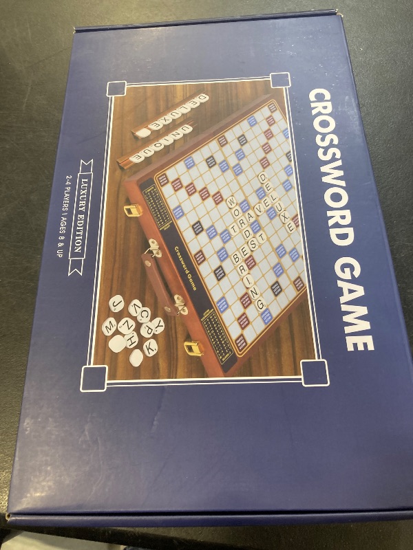 Photo 1 of Crossword Game with Magnetic Letter Tiles, Foldable Board into Portable Carry Case, Luxury Edition Word Building Game with Rotating Wooden Board, Educational Family Board Game for 2-4 Players