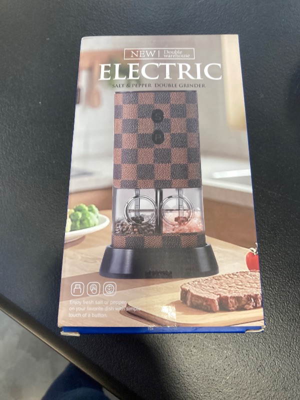 Photo 1 of 2-in-1 Electric Salt and Pepper Grinder with Storage Base, Adjustable Coarseness Upgraded Large-Capacity?Automatic Salt And Pepper Grinder with LED Light Ideal for Kitchens, Dining, Outdoor Use?brown?