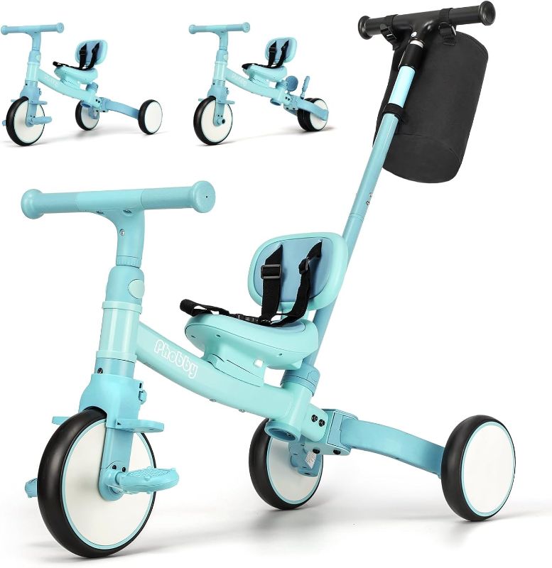 Photo 1 of Phobby 5 in 1 Toddler Tricycle with Steering Push Handle for 1 2 3 4 Years Old, Kids Trike with Removable Pedals, First Riding Toy for Boys Girls Birthday Gift, Blue
