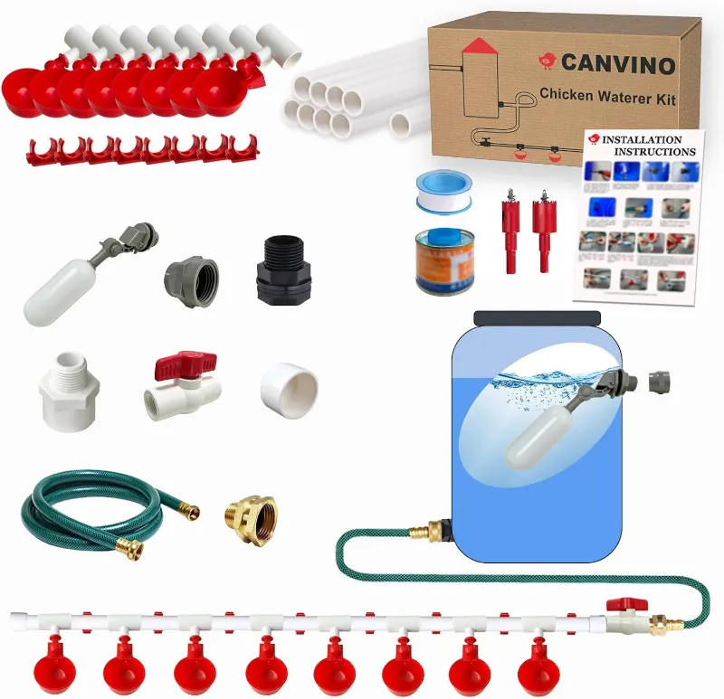 Photo 1 of CANVINO Automatic Chicken Waterer System (45 Accessories Included), Complete PVC Pipelines Set with Chicken Water Cups, Float Valve and Garden Hose, DIY Chicken Watering System (No Bucket Included)