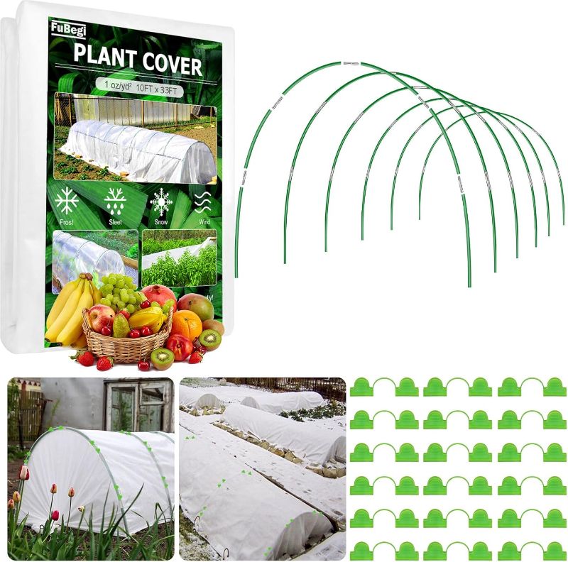 Photo 1 of 10x50ft Plant Cover Freeze Protection Garden Hoops Kit for Winter, Fabric Floating Row Cover Frost Cloth Outdoor Plant Blanket for Frost Snow Protection, Greenhouse Garden Tunnel Hoops for Raised Beds