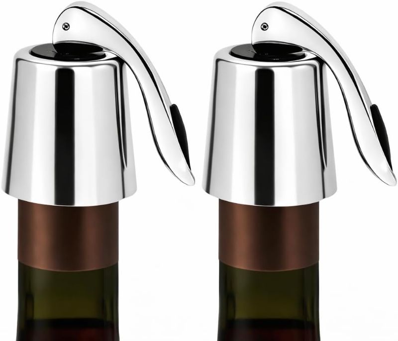 View 1 of 2-Pack Stainless Steel Wine Stoppers - Silicone Seal for Freshness, Reusable Bottle Sealer