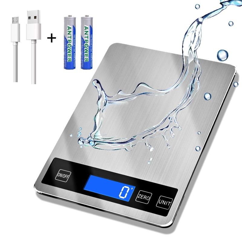 Photo 1 of 33lb Food Scale, Digital Kitchen Scale Batteries and USB Charging,1g/0.05oz Precise Graduation, Waterproof Stainless Steel with LCD Display Weight Grams and oz for Cooking Baking (Stainless Steel)