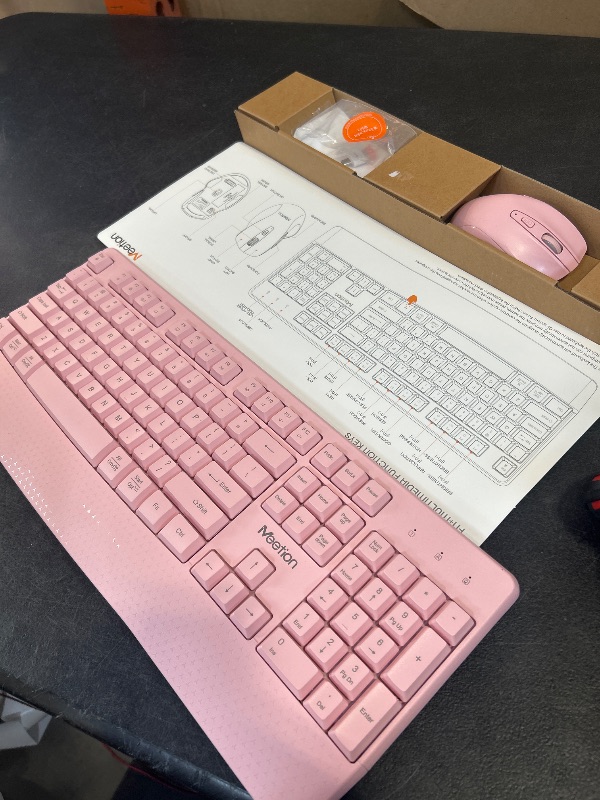 Photo 1 of MEETION Wireless Keyboard and Mouse, Full-Sized Cordless Keyboard with Wrist Rest, 3 DPI Adjustable Mouse, Keyboard and Mouse Set with 2.4GHz USB Receiver, for PC/Computer/Laptop/Windows/Mac, Pink