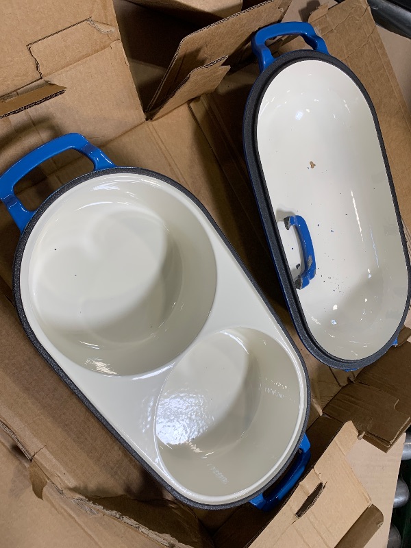 Photo 1 of Cast Iron Bread Pan with Lid, Mini Enamel Sourdough Baking Dutch Oven Pot, Double Round Loaf Space for Homemade, Bread, Cake, Meatloaf, 16.5cm Diameter, 500°F Oven Safe, Non Stick, Blue