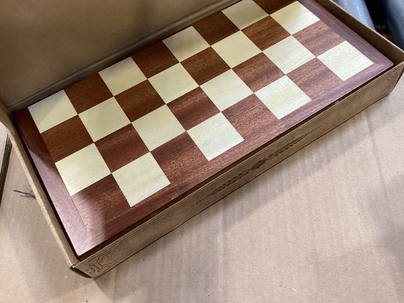Photo 1 of VAMSLOVE 14inch Checkers Folding Wooden Game Set, 8x8 Classic Checkerboard International Checkers Draughts Board 64 Square with Pieces Storage Slots (Instructions Included)