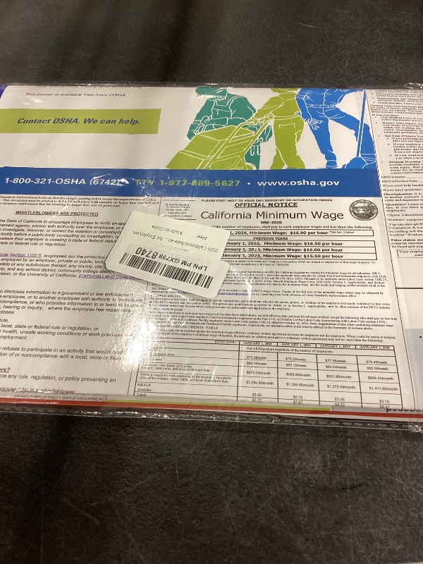 Photo 1 of 2026 California State and Federal Labor Laws Poster - English Version - OSHA Workplace Compliant - UV Waterproof Laminated 24" x 36" - Mandatory Regulations Posting for Employees