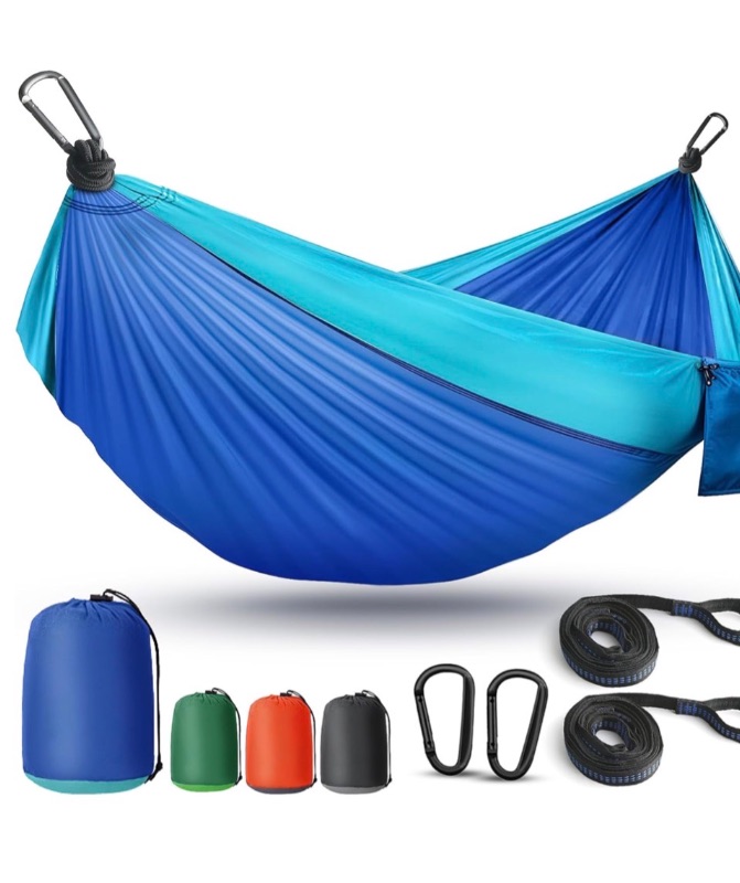 Photo 1 of Camping Hammock Lightweight, Portable Hammocks Parachute Hammock with Two Tree Straps, Single or Double Travel Swing Nylon Camp Hammocks, Outdoor Essentials for Beach Backpacking Hiking, Blue
