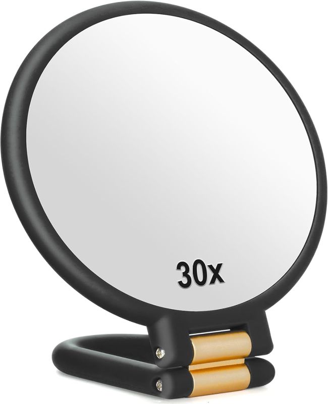 Photo 1 of 30x Magnifying Mirror, Travel Hand Mirrors with Handle - Double Side Handheld Mirror with 1X 30X Magnification & Adjustable Handle/Stand, Hand Held Foldable Travel Mirror for Makeup(Black)