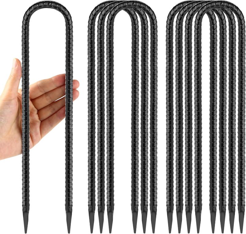 Photo 1 of 12 Inches Trampoline Wind Stakes, Heavy Duty U Stakes for Ground, 8-Pack Trampoline Tie Down Anchor Kit for Swing Set and Soccer Goal Galvanized Steel Anchors Black