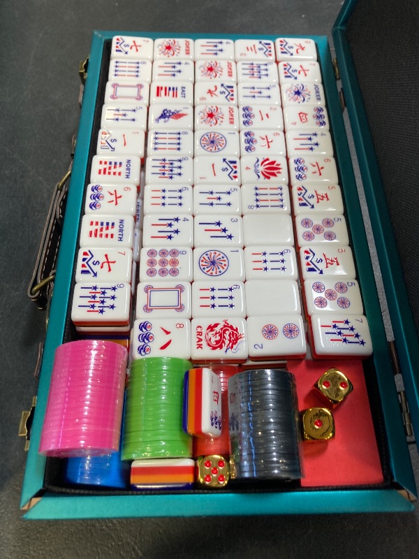 Photo 1 of Topmahjing American Mahjong Tile Set, 166 Acrylic Carved Tiles with American Classic Culture Theme, 4-Layer Colorful Tiles, 100 Chips, 3 Dice, Vintage Classic Leather Portable Travel Case