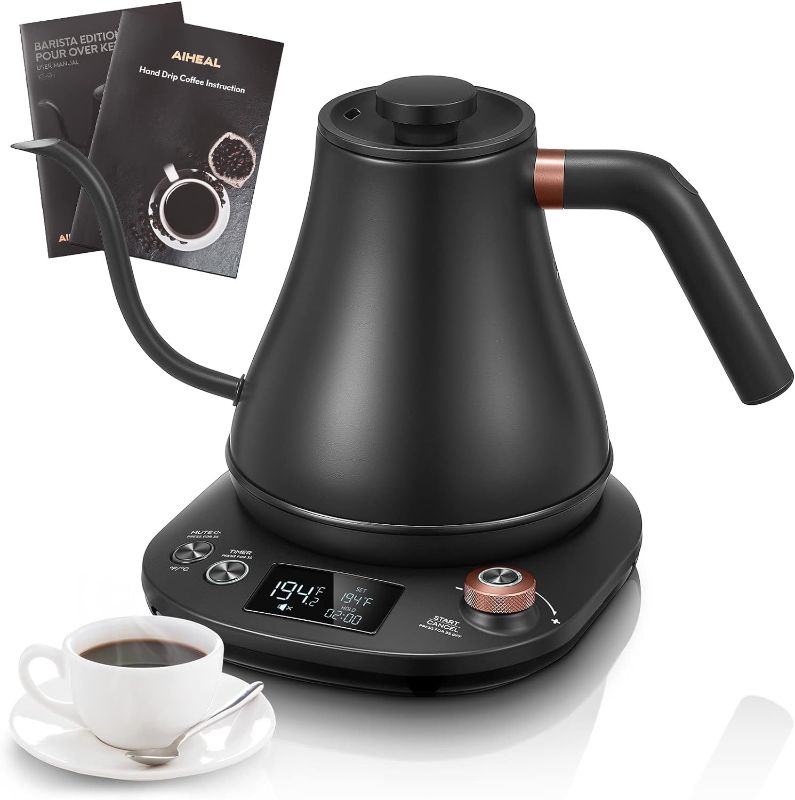 Photo 1 of Electric Gooseneck Kettle Temperature Control, Pour Over Electric Kettle for Coffee and Tea, 100% Stainless Steel Inner, 1200W Rapid Heating, 0.8L, Built-in Stopwatch, Matte Black
