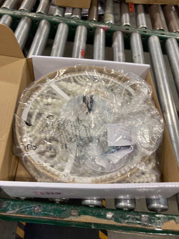 Photo 1 of VILUXY Bohemia Wood Beaded Flush Mount Ceiling Light Antique Rustic Mini Chandelier White Finishing for Bedroom,Nursery Room, Girl Room, Hallway, Entryway, Passway, Dining Room, 3-Light UL Listed