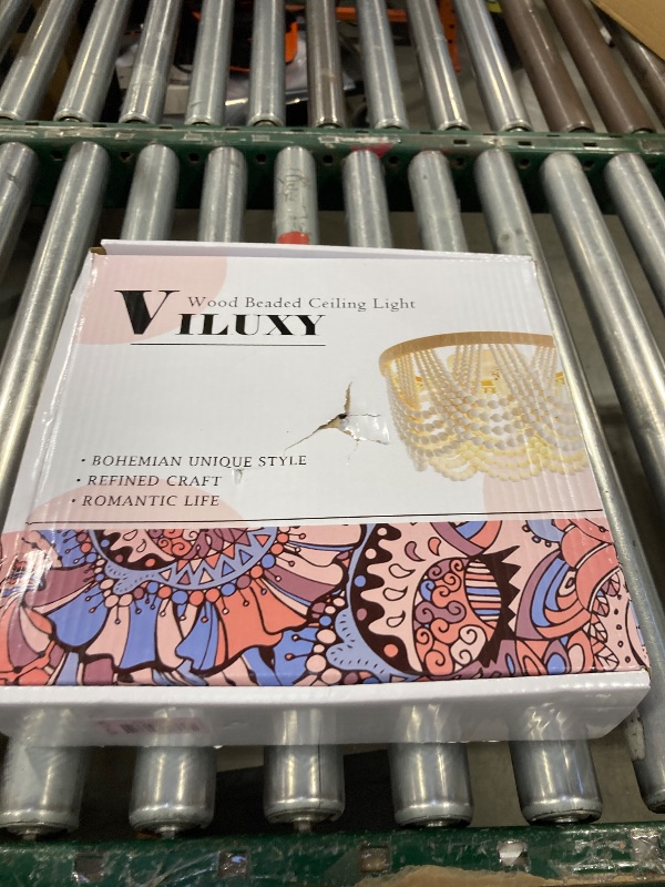 Photo 1 of VILUXY Bohemia Wood Beaded Flush Mount Ceiling Light Antique Rustic Mini Chandelier White Finishing for Bedroom,Nursery Room, Girl Room, Hallway, Entryway, Passway, Dining Room, 3-Light UL Listed