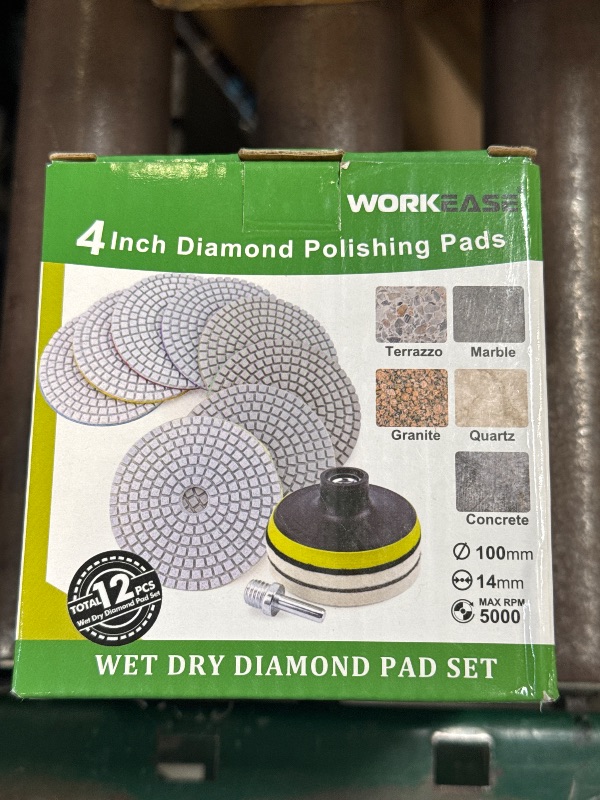 Photo 1 of 4 Inch Diamond Polishing Pads with 5/8’’-11 Backer Pad, 12PCS Wet/Dry Granite Stone Polish Pad Kit for Drill, Grinder, Polisher, 50-6000 Grit Polishing Pad for Concrete Marble Rock Countertop Quartz