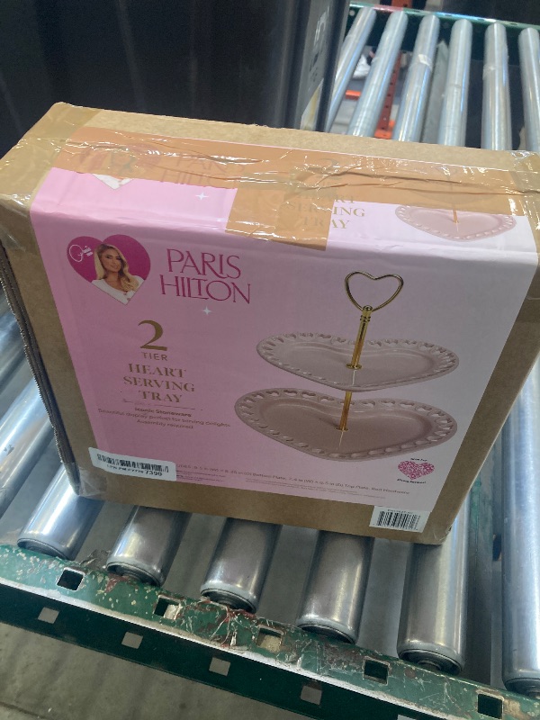 Photo 1 of Paris Hilton 2-Tier Heart Serving Tray, Iconic Ceramic Stoneware with Metal Handle, Easy Assembly for Stylish Display, 9-Inch and 7-Inch Plates, Pink