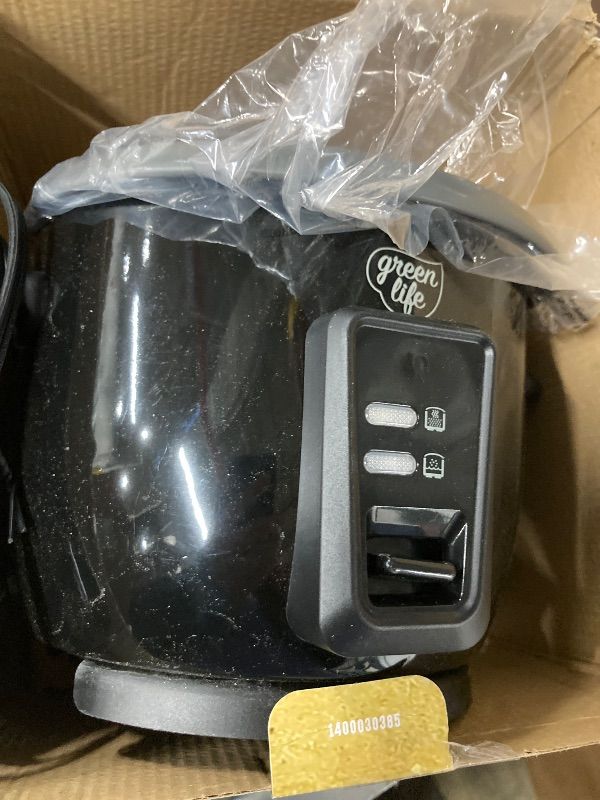 Photo 1 of **CONTROL PANEL DAMAGED**GreenLife Rice Cooker with Removable PFAS-Free Ceramic Nonstick Pot, 3-Cups Uncooked/6-Cups Cooked, Grains & Oatmeal Multicooker, Compact One-Switch Design, Auto Keep Warm, Easy Clean, Black