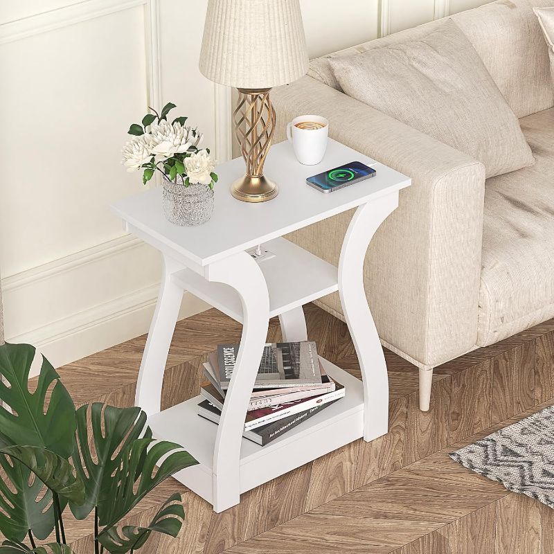 View 1 of ***It is used; it is unknown if any parts are missing, and it is unknown if it functions at 100%.****FROMJBEST End Tables Living Room Set of 2,End White Table with Charging Station, Side Table, Nightstand for Bedroom, 3 Tier End Table with Storage Shelf f
