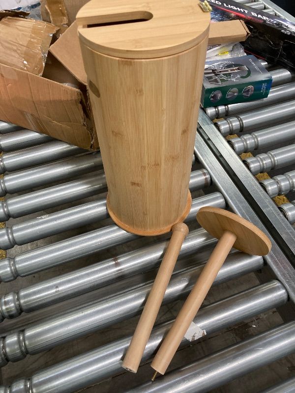 Photo 1 of ***DAMAGE -HINGE NO LONGER ATTACHED -SELLING AS IS *** Bamboo Free Standing Toilet Paper Stand,3 Rolls of Tissue Storage,Toilet Paper Holder Paper Storage Holder with Lid and Handle for Small Space Bathroom