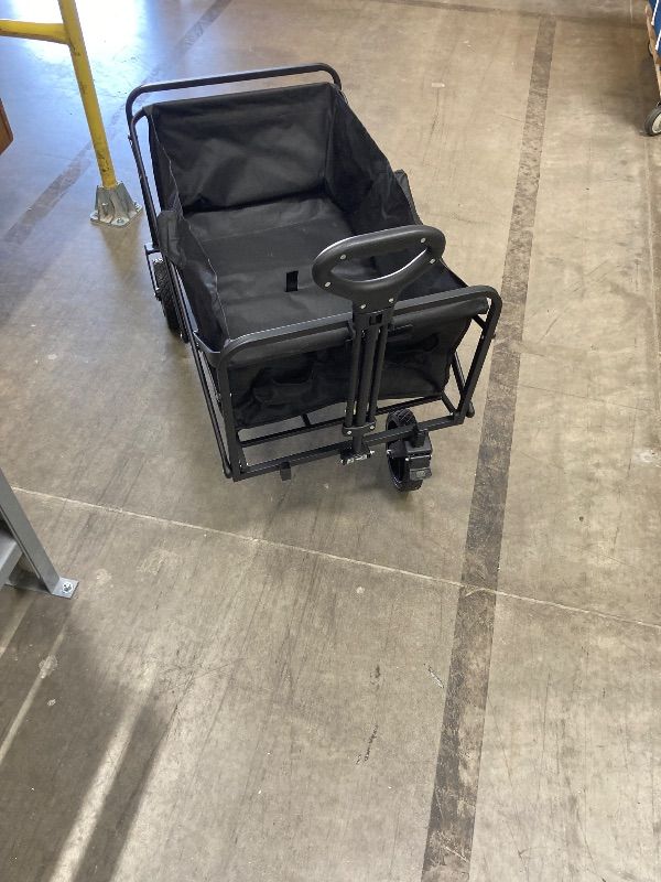 Photo 1 of ***USED -MISSING ONE WHEEL-SELLING AS IS *** Sweetcrispy Collapsible Foldable Wagon Cart, Large Capacity Garden Cart with Wheels, Heavy Duty Utility Grocery Wagon with Drink Holders for Shopping Sports Camping,Extra Large Black***BOX RIPPED/TORN***