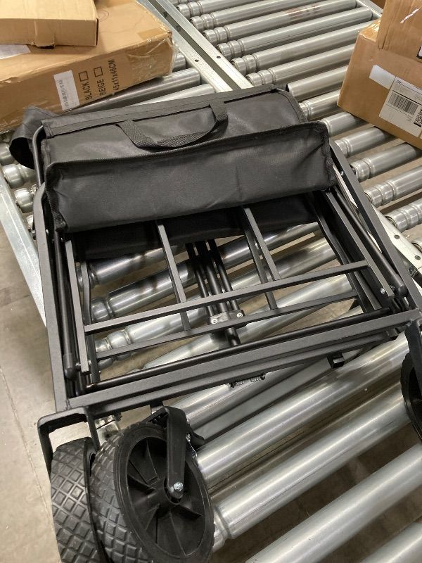 Photo 1 of ***USED -MISSING ONE WHEEL-SELLING AS IS *** Sweetcrispy Collapsible Foldable Wagon Cart, Large Capacity Garden Cart with Wheels, Heavy Duty Utility Grocery Wagon with Drink Holders for Shopping Sports Camping,Extra Large Black***BOX RIPPED/TORN***