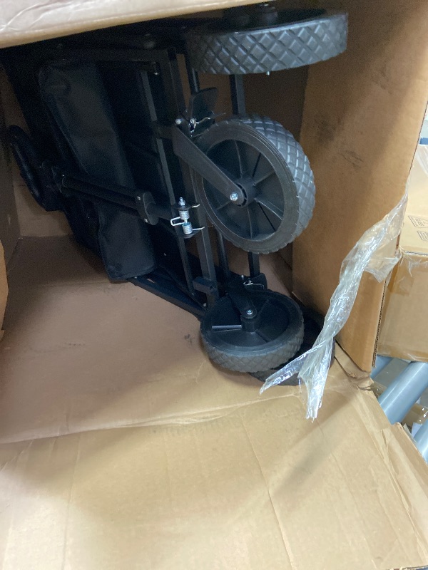 Photo 1 of ***USED -MISSING ONE WHEEL-SELLING AS IS *** Sweetcrispy Collapsible Foldable Wagon Cart, Large Capacity Garden Cart with Wheels, Heavy Duty Utility Grocery Wagon with Drink Holders for Shopping Sports Camping,Extra Large Black***BOX RIPPED/TORN***