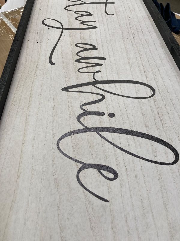 Photo 1 of ***DAMAGED -SELLING AS IS *** comurdyo Living Room Wall Decor Stay Awhile Sign 40"×15" Lets Stay Family Home Large Vintage Farmhouse Simple Wood Frame for Entryway Hallway Plaque Horizontal Art Hangin (Black) ***SOME SCUFFS, PAINT/WOOD CHIPS ALONG EDGE, N